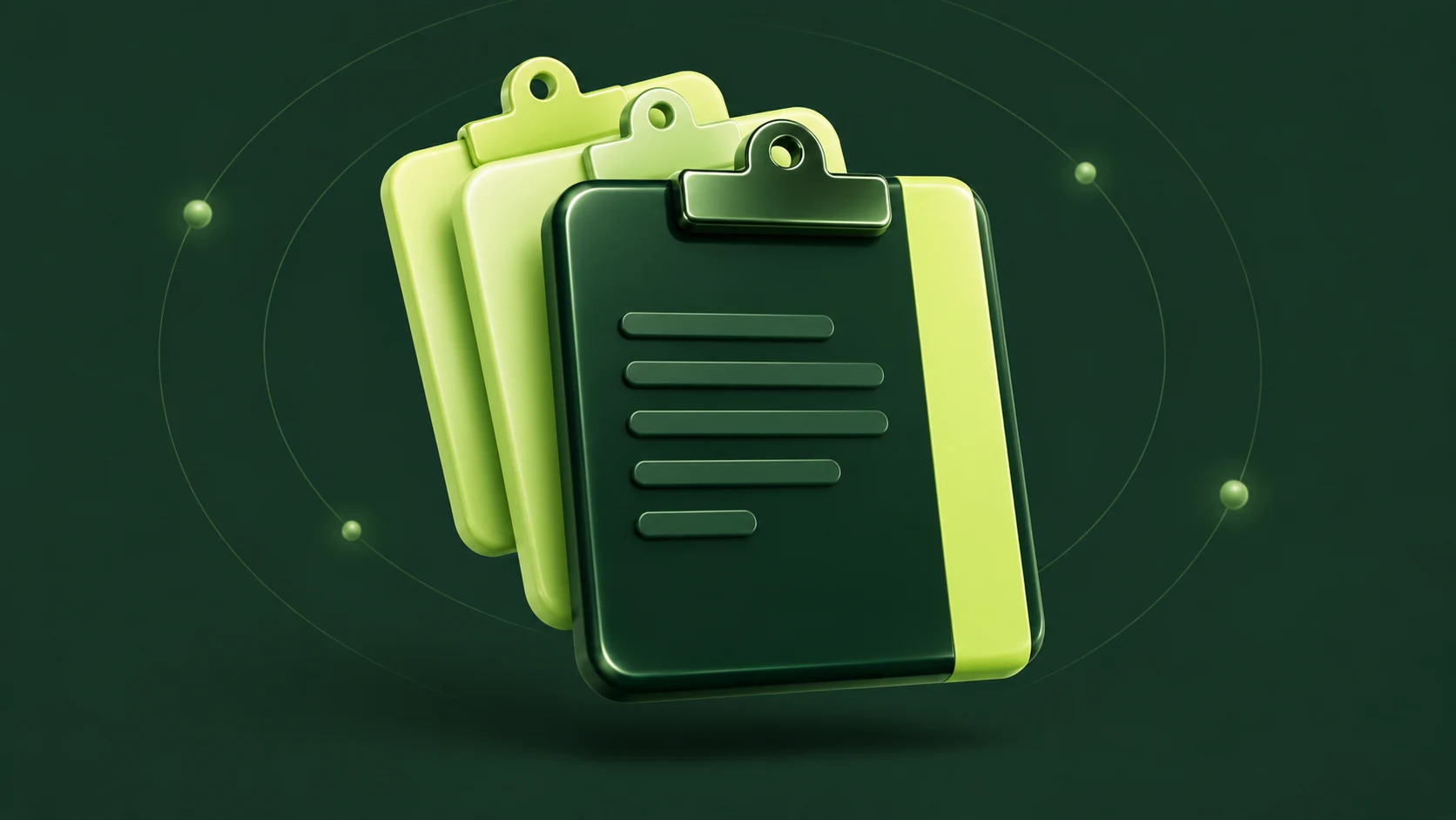 A floating stack of emerald and lime clipboard cards